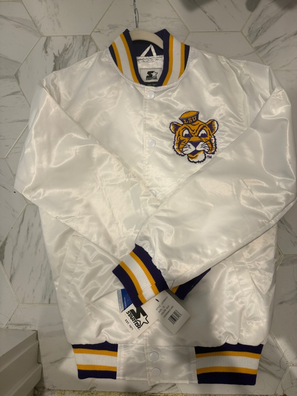 STARTER White Satin LSU Tiger Patch Varsity Jacket